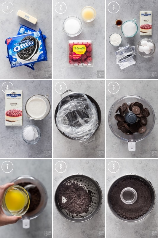 Step-by-step photo collage of how to make Cheesecake Factory White Chocolate Raspberry Truffle Cheesecake