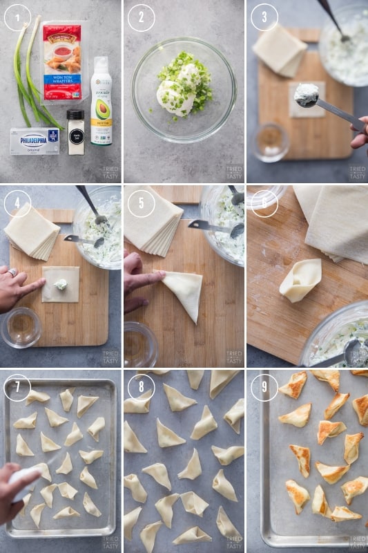 Step-by-step photos of how to make cream cheese wontons