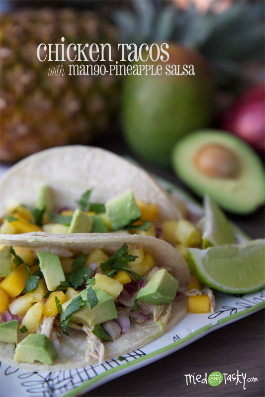 Chicken Tacos with Mango-Pineapple Salsa // These chicken tacos are probably in the top five favorite dish we’ve made to date. They are so light, so fresh, simply put: they are wonderful. Want to know what I love most about them? They are HEALTHY! | Tried and Tasty