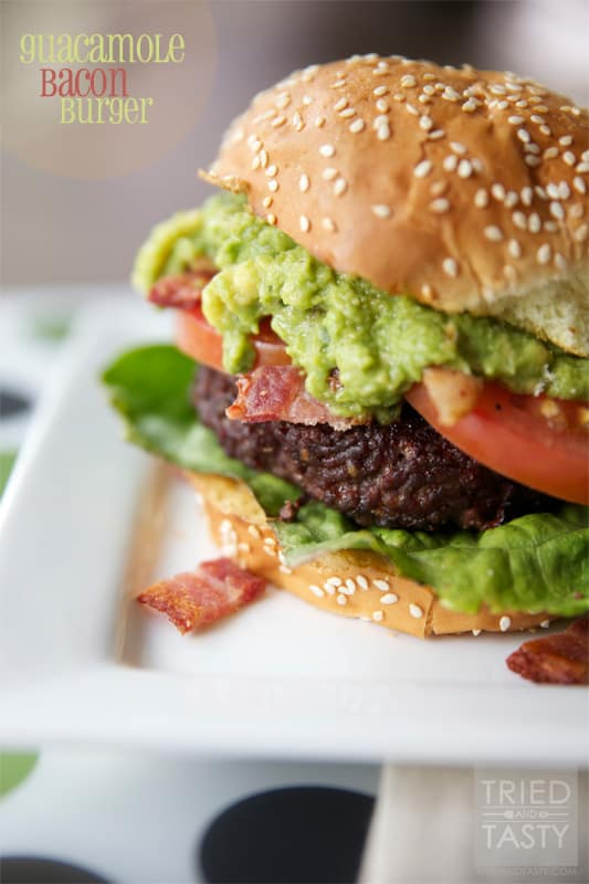 Guacamole Bacon Burger // If you love guacamole, you'll love this burger. It's got the wonderful flavors of guacamole paired with bacon on top of a well-seasoned grilled burger. You won't be disappointed! | Tried and Tasty