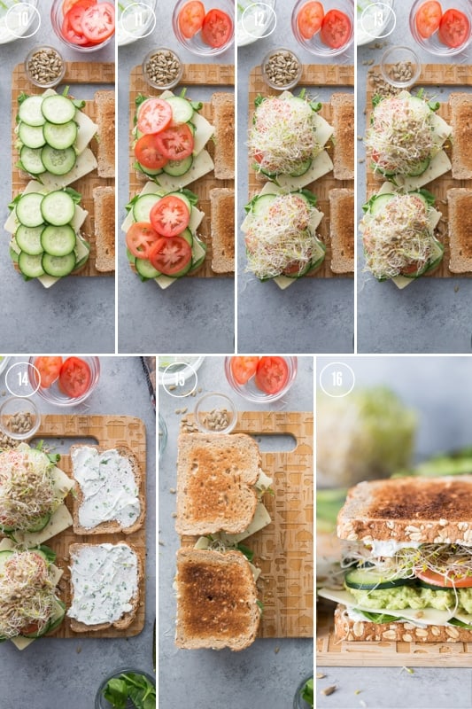 A collage of step by step photos of how to make The Ultimate Veggie Sandwich