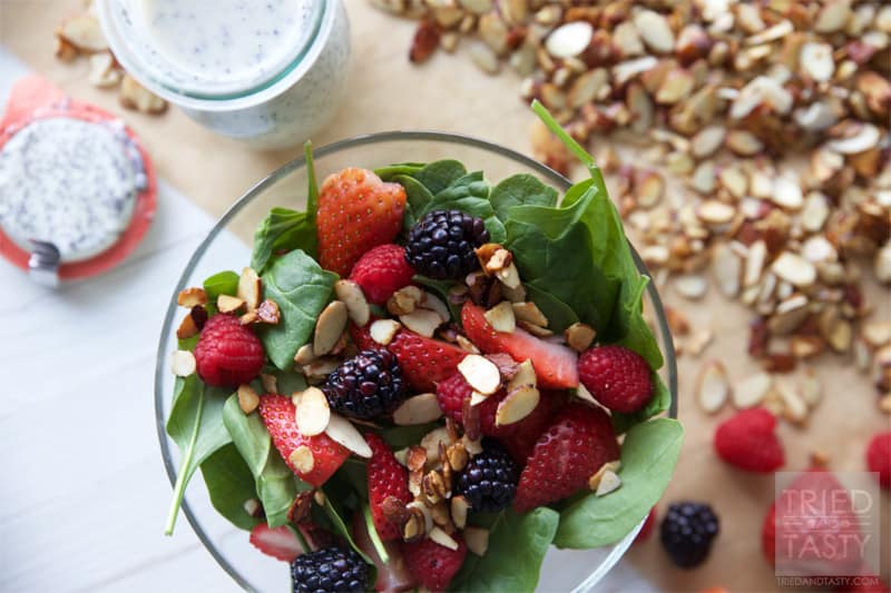 Healthier Zupas Nuts About Berries Salad Copycat // Ditch the sugar coated almonds and sugary poppyseed dressing and fall in love with this healthier version. Simple to throw together, beautiful to look at, and the most delicious healthy salad you'll ever have! | Tried and Tasty