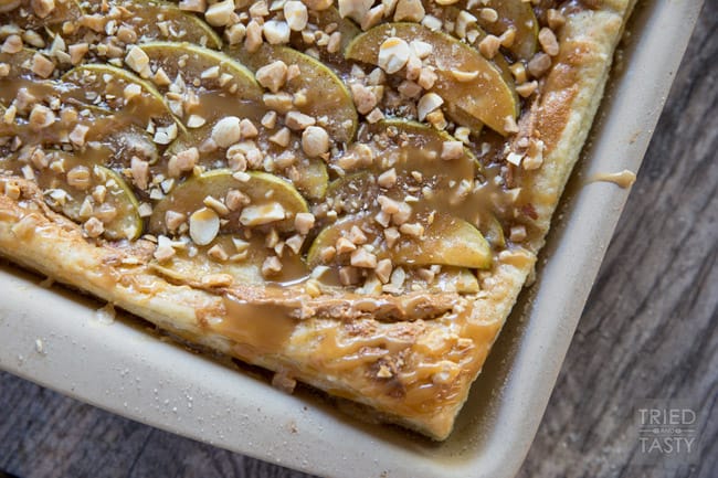 Caramel Apple Tart // This quick & easy dessert is perfect for your special breakfast, brunch, ladies get together, holiday or anytime you want! Only a few ingredients + some prep + baking time = a kick butt treat! | Tried and Tasty