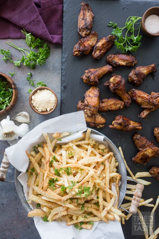 Game Day Wings 'n Parmesan Garlic Fries // Need a game day appetizer? Want some fun finger food that's sure to please a crowd? This power packed combo is sure to give you're guests exactly what they want! | Tried and Tasty