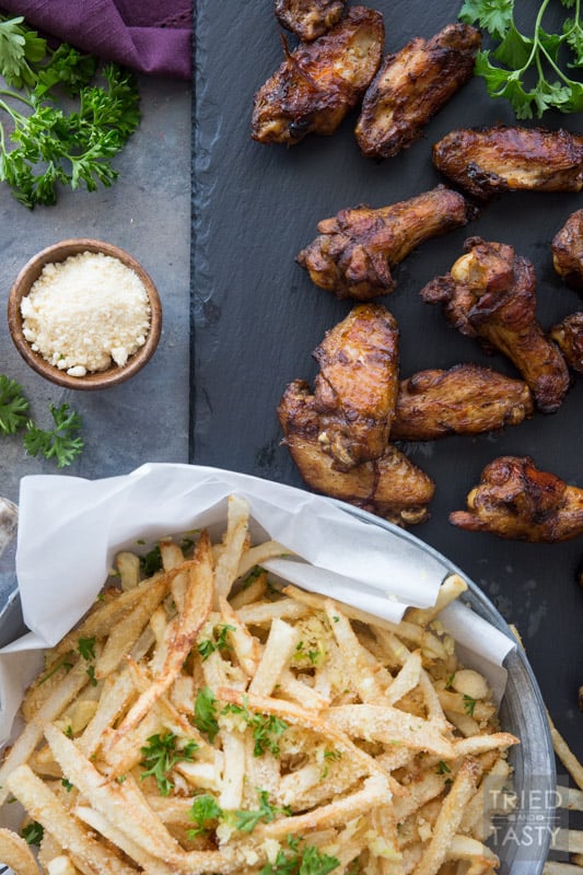 Game Day Wings 'n Parmesan Garlic Fries // Need a game day appetizer? Want some fun finger food that's sure to please a crowd? This power packed combo is sure to give you're guests exactly what they want! | Tried and Tasty